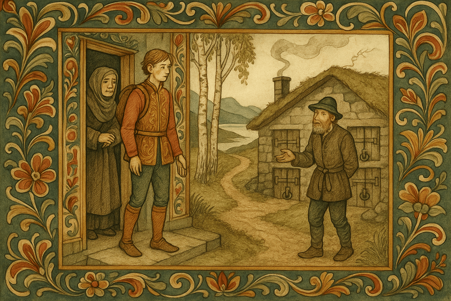 En ung sønn tar avskjed med sin fattige mor og møter en fremmed ved et lavt steinhus med fire tunge dører, omgitt av bjørker og lyng.