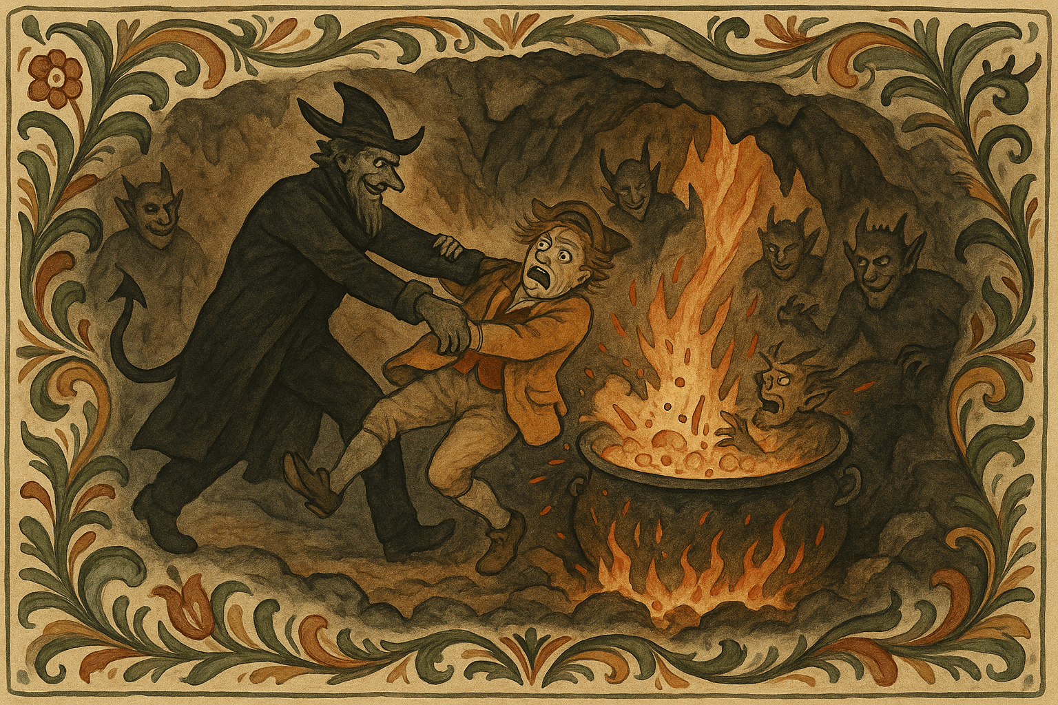 Den svarte mannen griper futen og bærer ham mot en flammende åpning, før han kaster ham i en kokende gryte omgitt av andre djeveler. Kokende væske og ild gir en skremmende, underjordisk stemning.