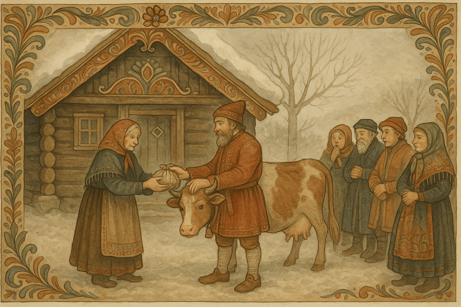 Den forandrede futen gir kona tilbake kua og deler ut gaver mens landsbyboere ser forundret på. En rolig, takknemlig stemning utenfor tømmerhuset.