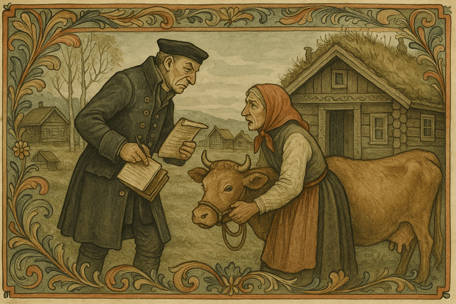 En streng fut med skatteliste truer en fattig enkekone utenfor et tømmerhus, mens hun holder fast i kua. Landsby og bar mark bak dem gir en kald, nordisk stemning.