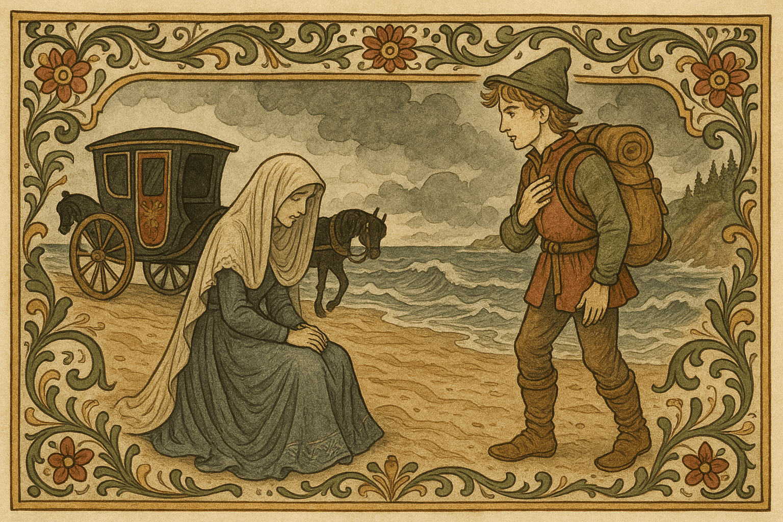 En sorgkledd kongsdatter sitter på en sandstrand ved fjorden etter at en svart vogn har reist, en ung mann står foran henne og tilbyr å hjelpe.