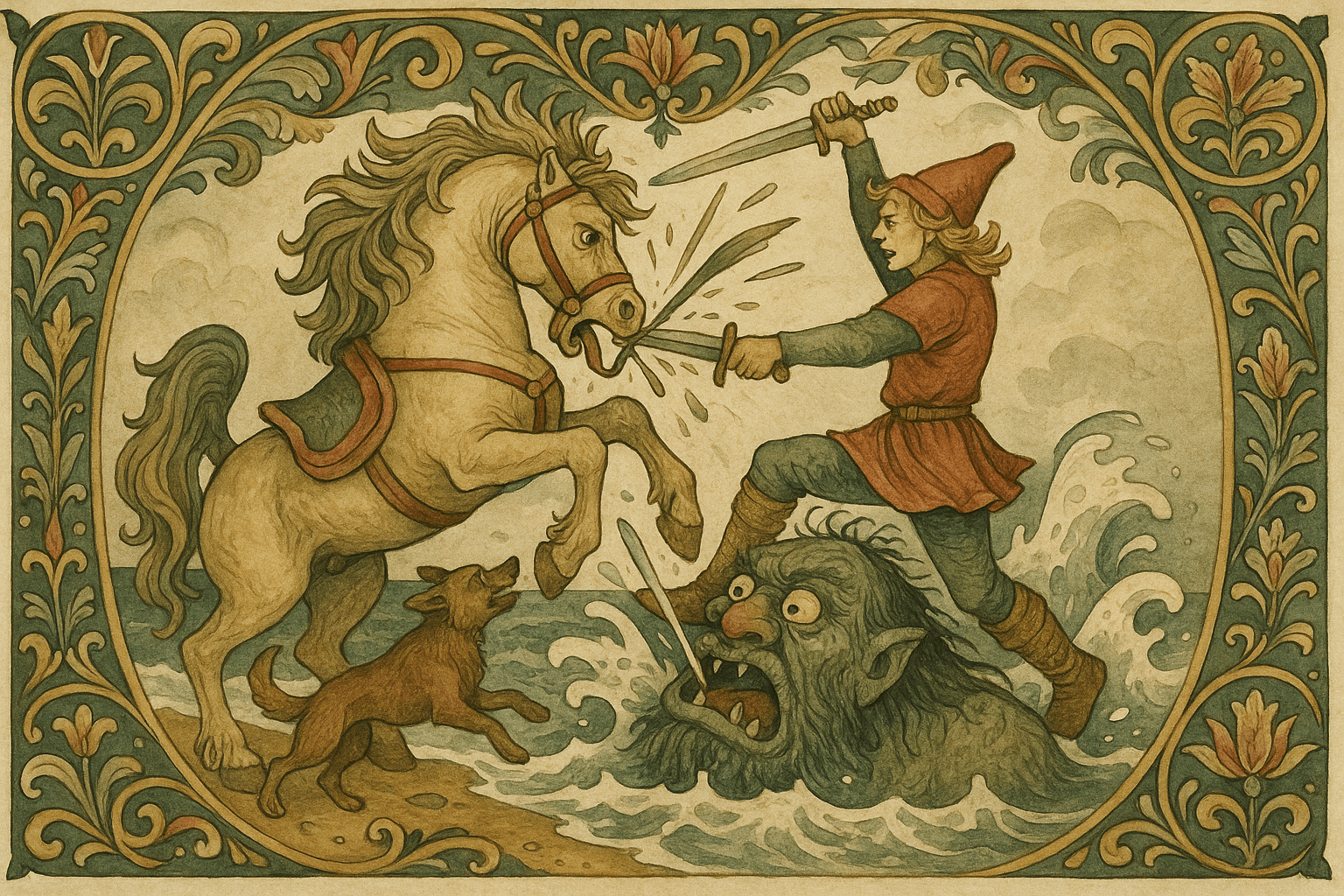 En ung mann kjemper ved strandkanten mot et enormt sjøtroll med hest, hund og sverd i kamp, trollet ligger nedslått mens mannen tar tungen.