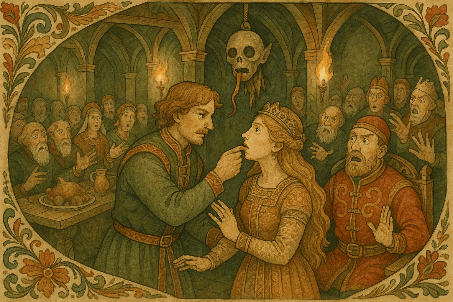 I et stort bryllupssal henger et trollekropp over bordet mens en mann setter tungen tilbake i trollets munn og bruden gjenkjenner ringen.