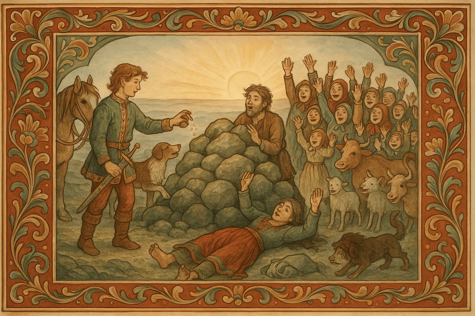 Den andre broren drypper en flaske over en steinrøys, og steinene vitner og våkner til mennesker og fe mens den frigitte broren står ved siden av.