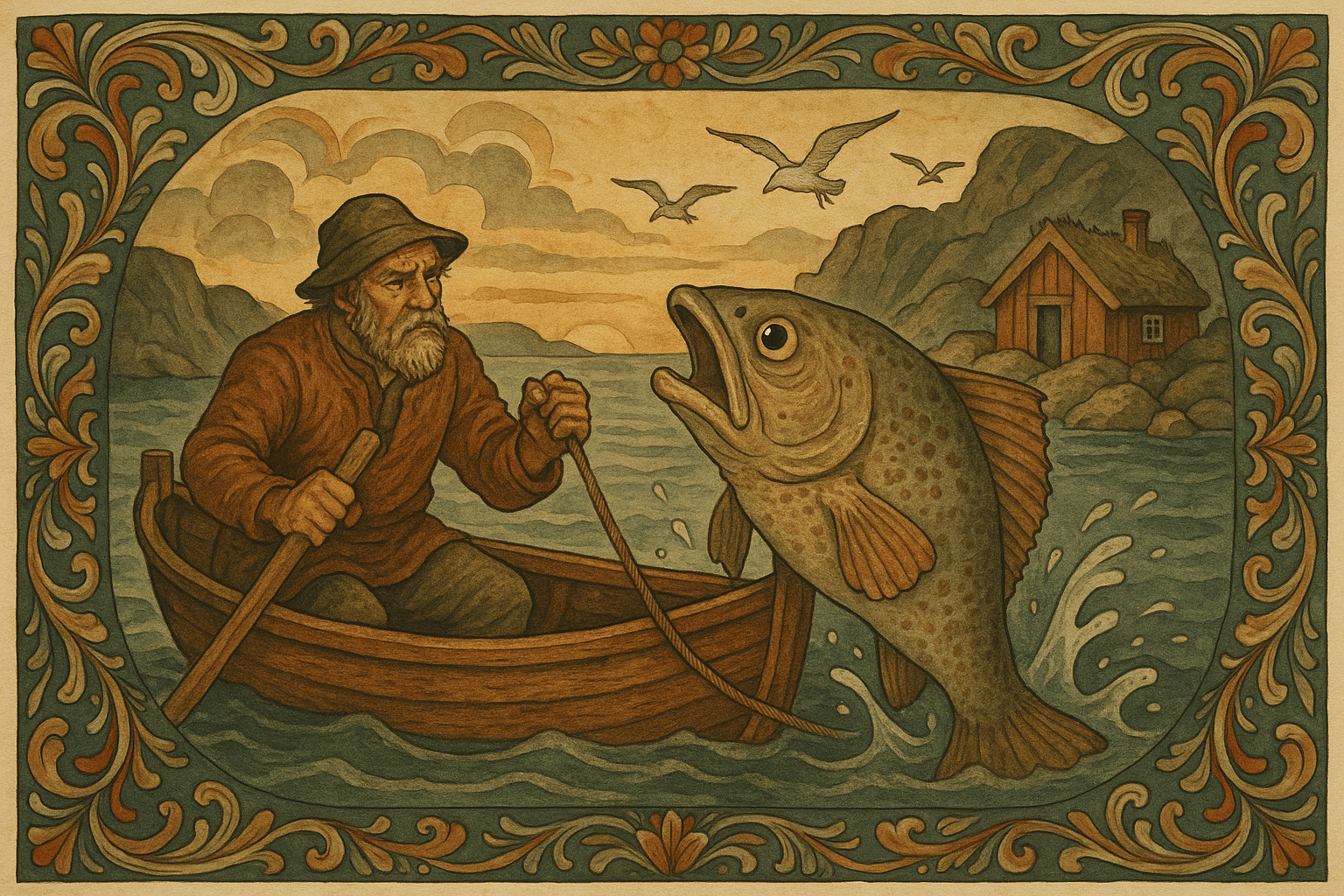 En fisker i liten robåt drar opp en diger hellefisk ved kveld ved kysten, fisken ser ut til å tale mens rorbua skimtes i bakgrunnen.