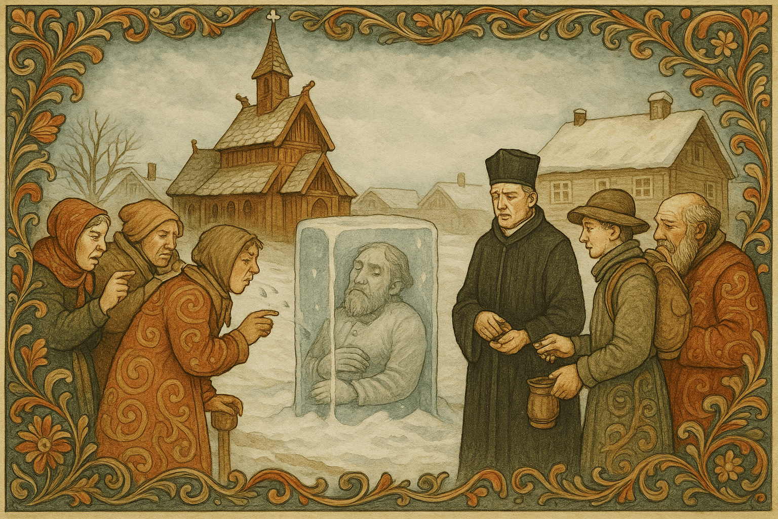 Utenfor en kirke ligger en isklump med en likfigur inni, folket spytter, og gutten betaler for gravøl og begravelse.