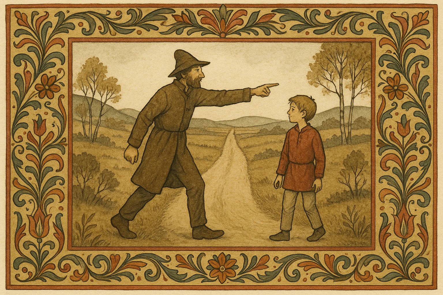 En mystisk mann går etter gutten langs ødslig allfarvei og tilbyr seg som følgesvenn, han går for det meste foran og viser vei.