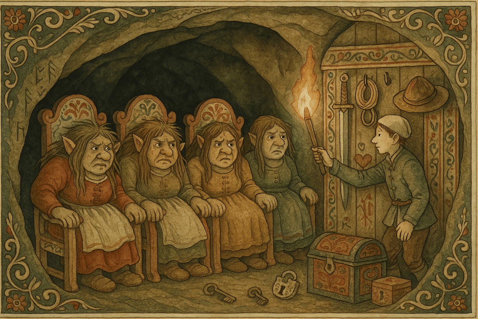 I et tverrberg sitter tre trollkjerringer låst på stoler mens følgesvennen tar tresøstersverdet, et gullnøste og en gammel hatt.