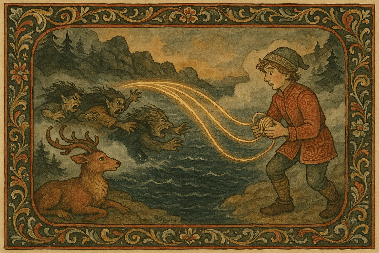 Følgesvennen kaster gullnøstet over sundet så det danner en bro, og de tre trollkjerringene fanges i vannet og drukner.