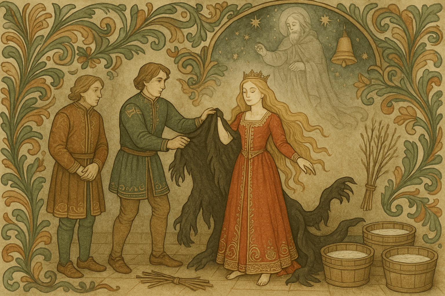 Etter bryllupet blir trollhammen pisket av og kongsdatteren vasket i tre kar med melk, hun blir menneskelig og vakker, mens følgesvennen i bakgrunnen viser sin forbindelse til vintapperen og forlater dem.