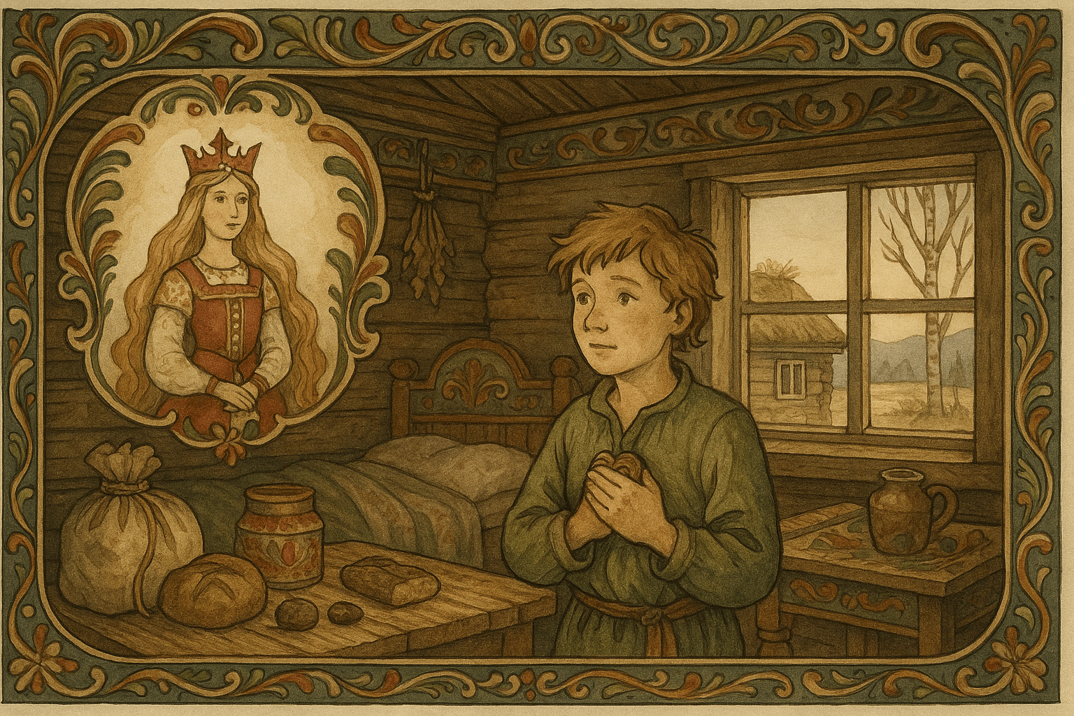 En bondegutt våkner av en drøm om en kongsdatter og pakker sine få eiendeler i et enkelt bondehus ved morgengry.