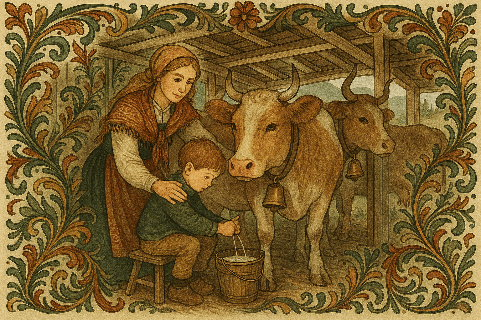 Gutten sit på ein lav trestol og lærer å mjølke ei roleg ku i eit ope fjøs medan Kari viser korleis. Kubjeller og frisk fjelluft fyller scena.