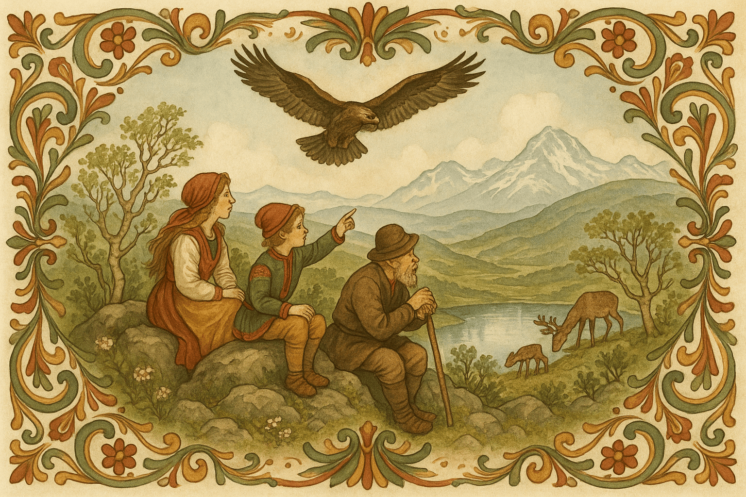 På ein høg topp ser dei utover dalar og snøtindar medan ei reinsdyrhine drikk ved eit tjern og ein ørn svevar over. Gutten peikar begeistra mot naturen.