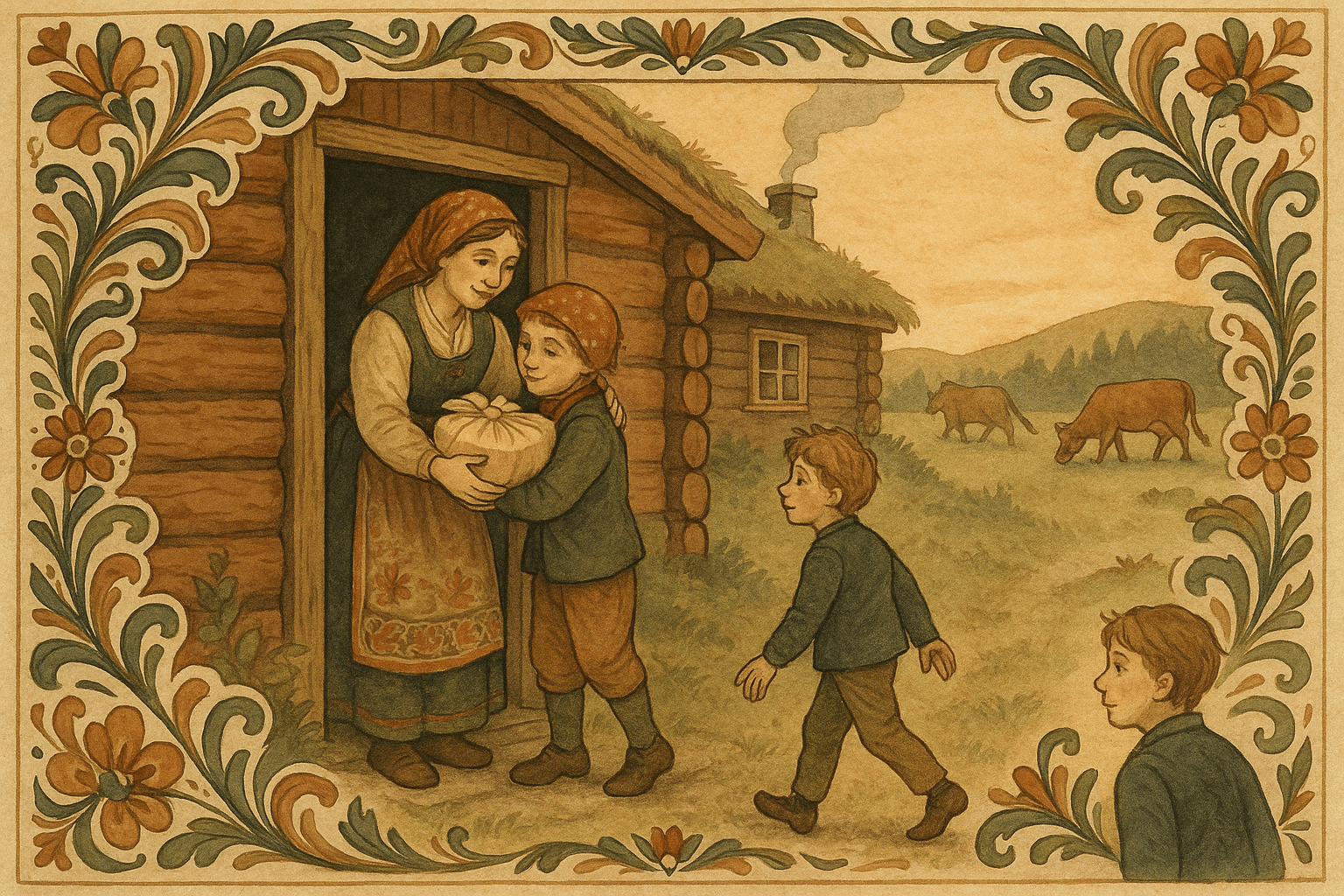 Gutten klemmer Kari ved døra til seterstua medan ho gir han ein innpakka bit ost, og røyk stiger frå pipa. Kyr beitar på vollane bak dei medan kvelden nærmar seg.