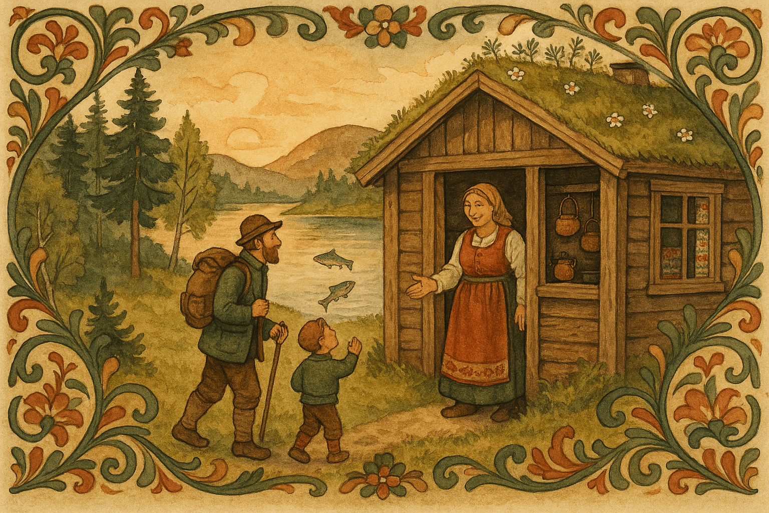 Far og liten gutt kommer fram til Folkestad seter ved Espedalsvannet mens Kari står i døra og tar imot dei. Ein lågtliggjande seterstue med koparkjelar og heimvevde tepper skimtes innvendig.