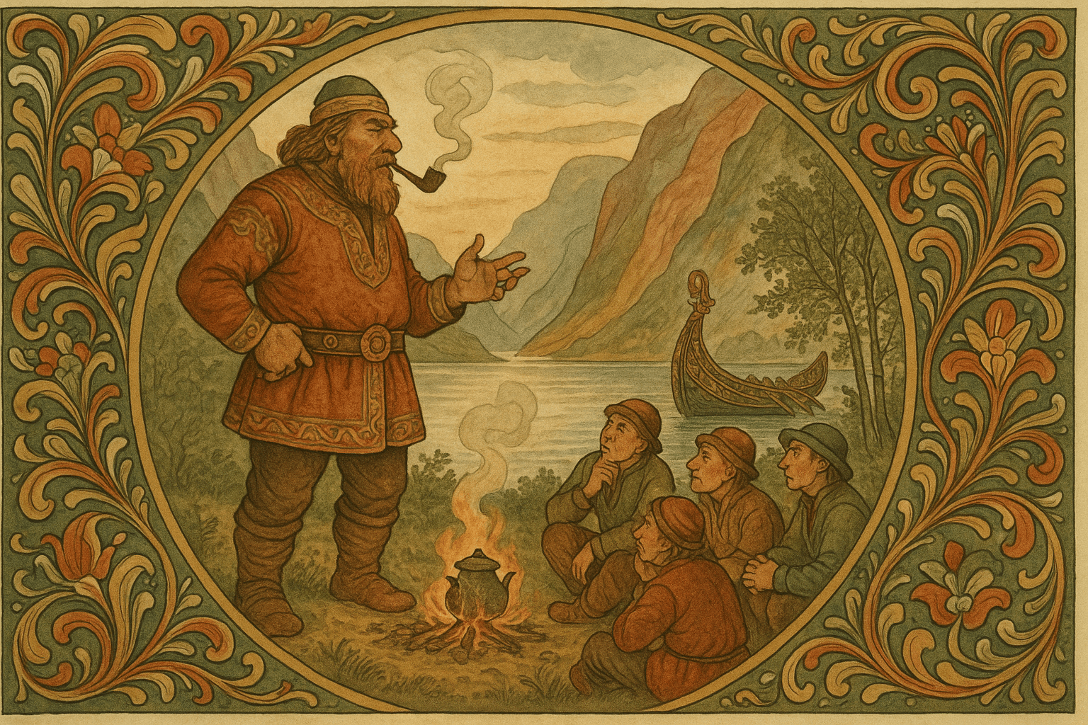 Bård i Skuggjen står ved bålet og forteller, mens menn lytter og en kaffekjele damper over glørne ved båten.