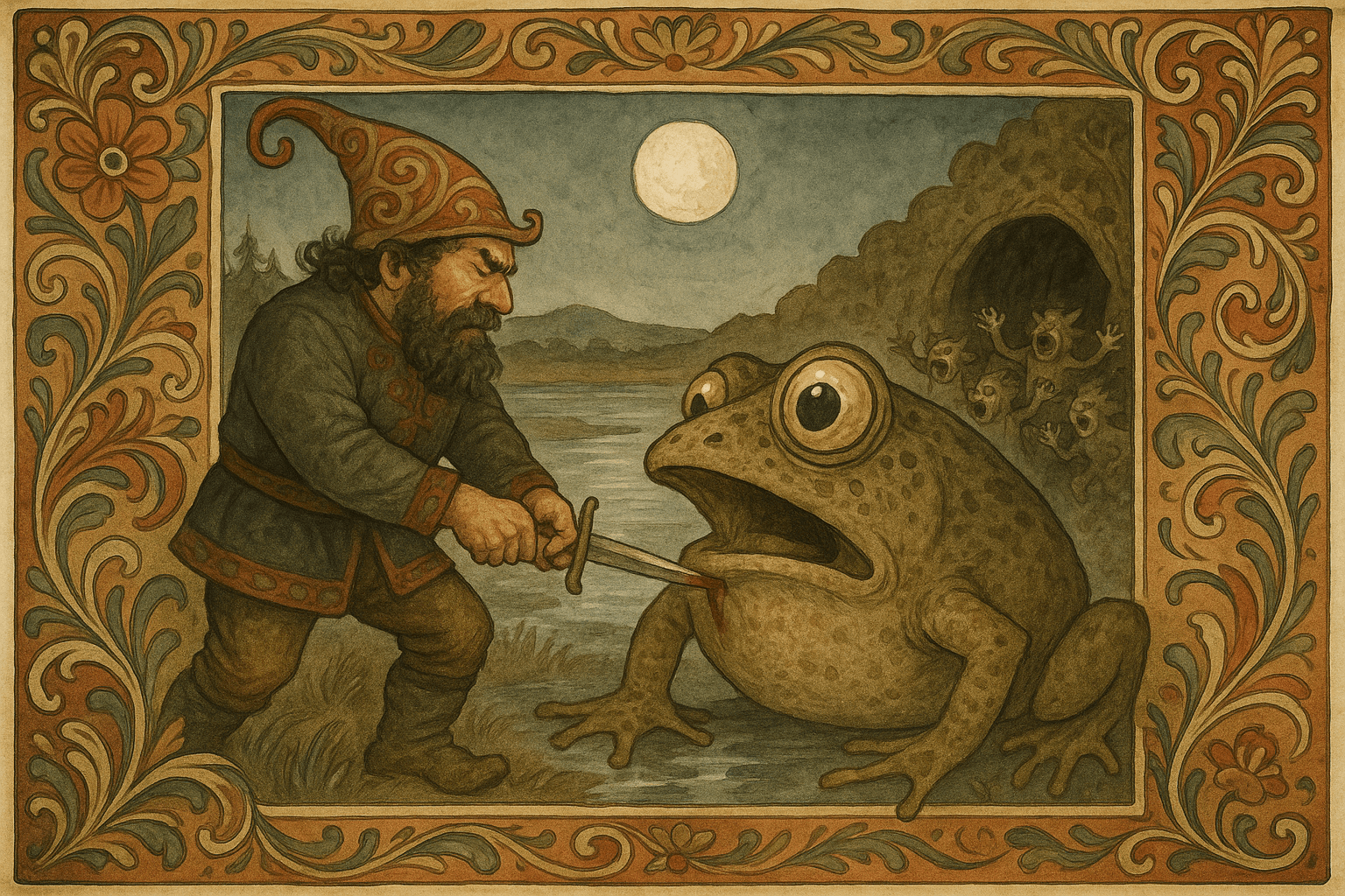 Svartesmeden stikker sverdet Flusi i hjertet på Lundemyrstrodla på en månelys myr, mens småtroll samler seg ved en åpen port i torven.