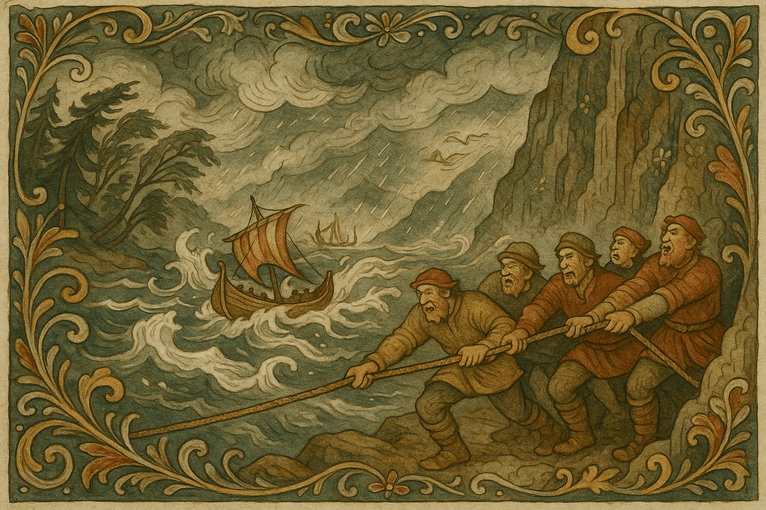 Uværet bryter løs fra breene og pisker fjorden i skum, mens menn sliter for å hale båten i land under stupbratte bergvegger.