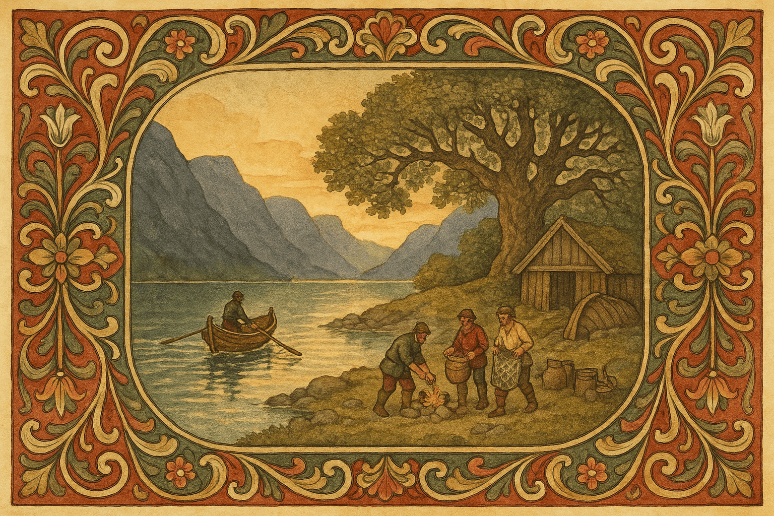 En båt nærmer seg et mosekledd nes ved solnedgang, med en gammel eik over et forfallent naust og et halvgjemt jekteskrog, mens menn går i land og forbereder bål.