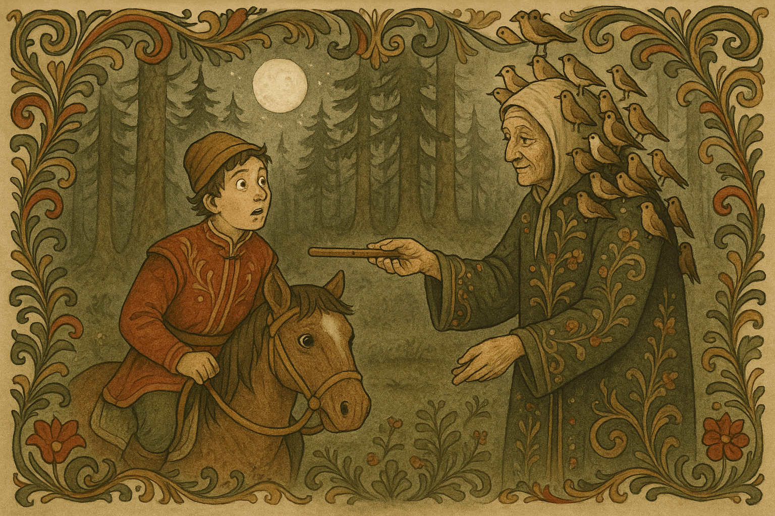 Fugl Dam står i en mørk skog med små fugler på armene og gir en trefløyte til Dummerdumm på hesteryggen.