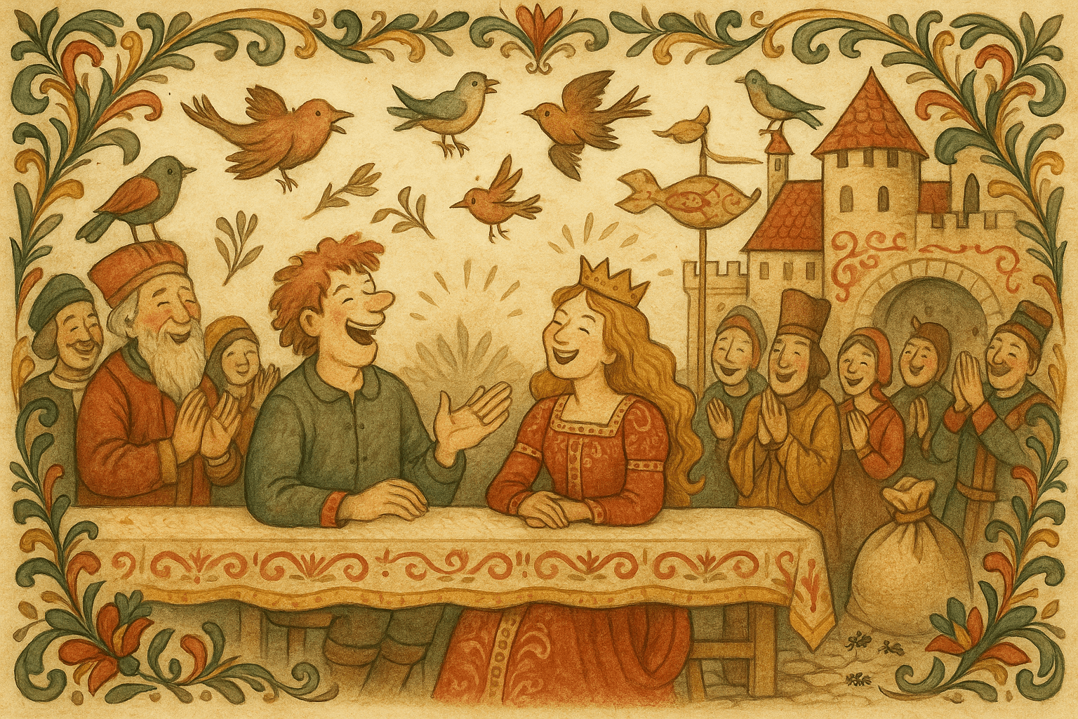 Dummerdumm og prinsessen ler sammen i borggården under en fest, omgitt av glade folk og syngende fugler.