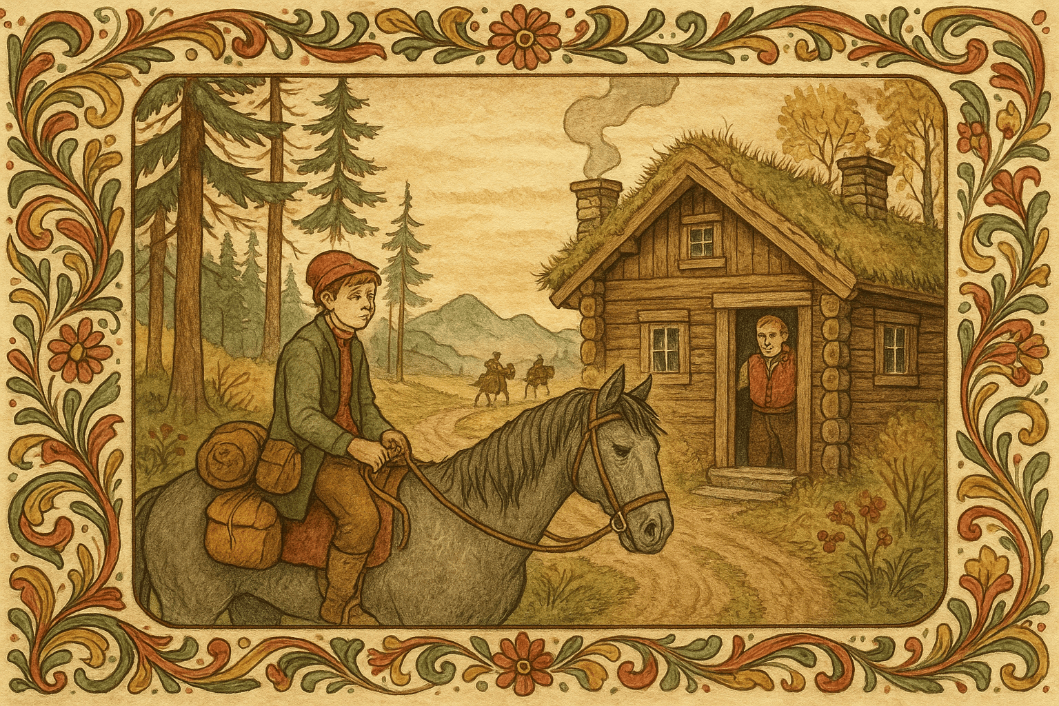 En ung mann, Dummerdumm, rir på en gammel hest vekk fra en norsk gård med faren stående i døren og fjell i bakgrunnen.