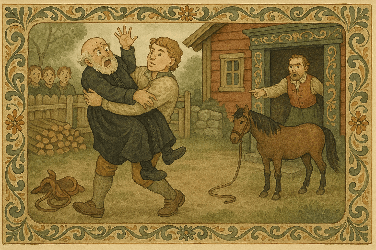 Mattis drar presten av en brun hoppe og bærer ham mot huset, mens husbonden ser forbannet på.