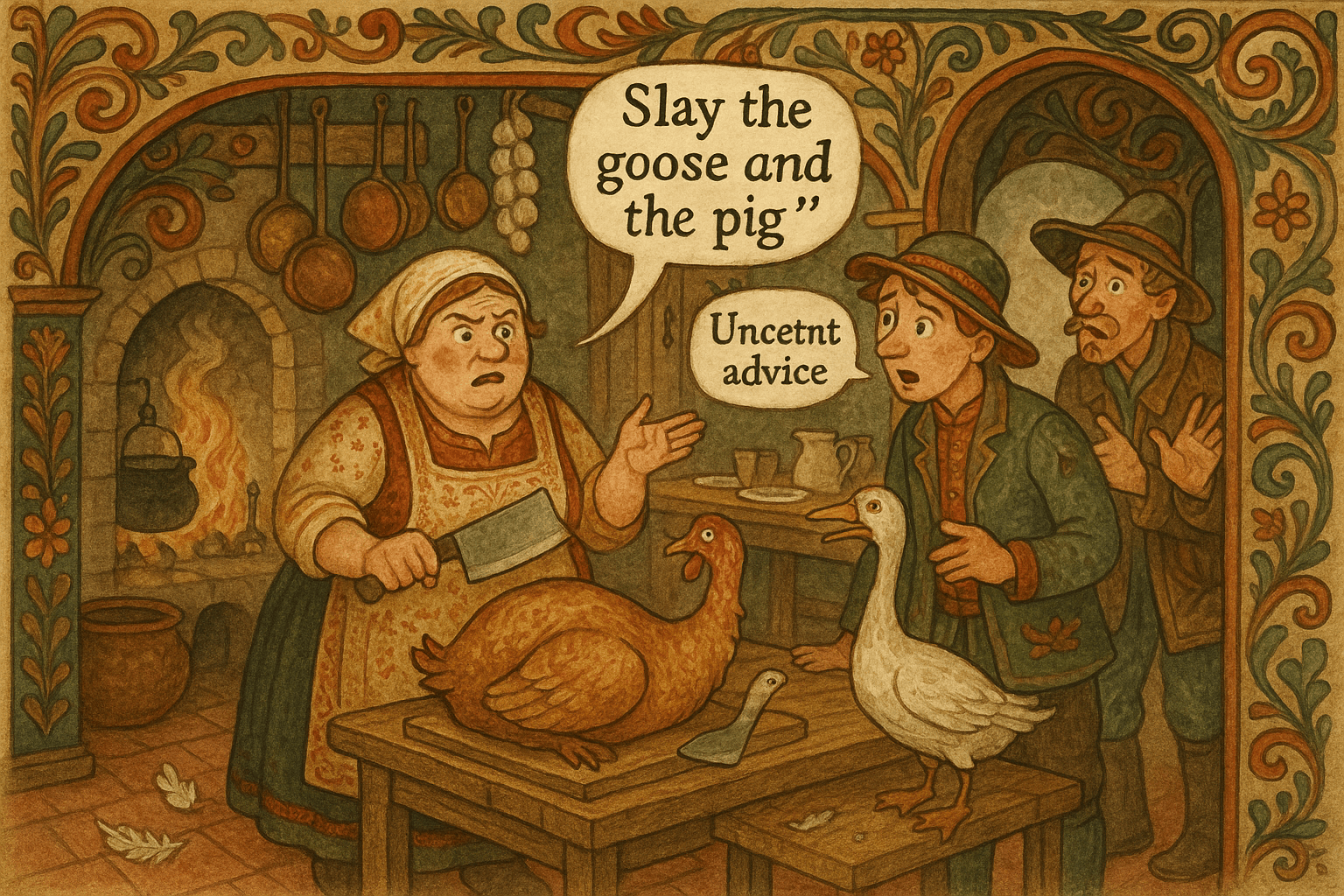 Kokka står i et rotete kjøkken med både slaktet kalkun og gås på bordet, forvirret av Mattis’ beskjed.