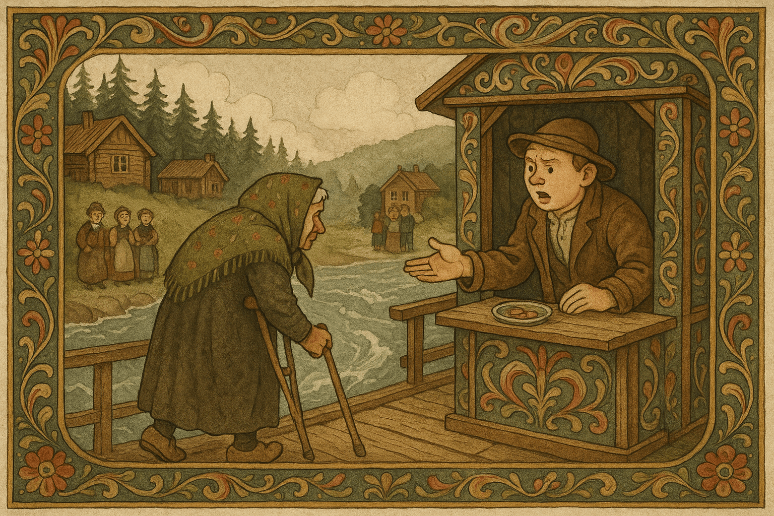 Mattis som bropass avslår ei gammel kjerring med krykker på trebrua, mens landsbyfolk ser på.