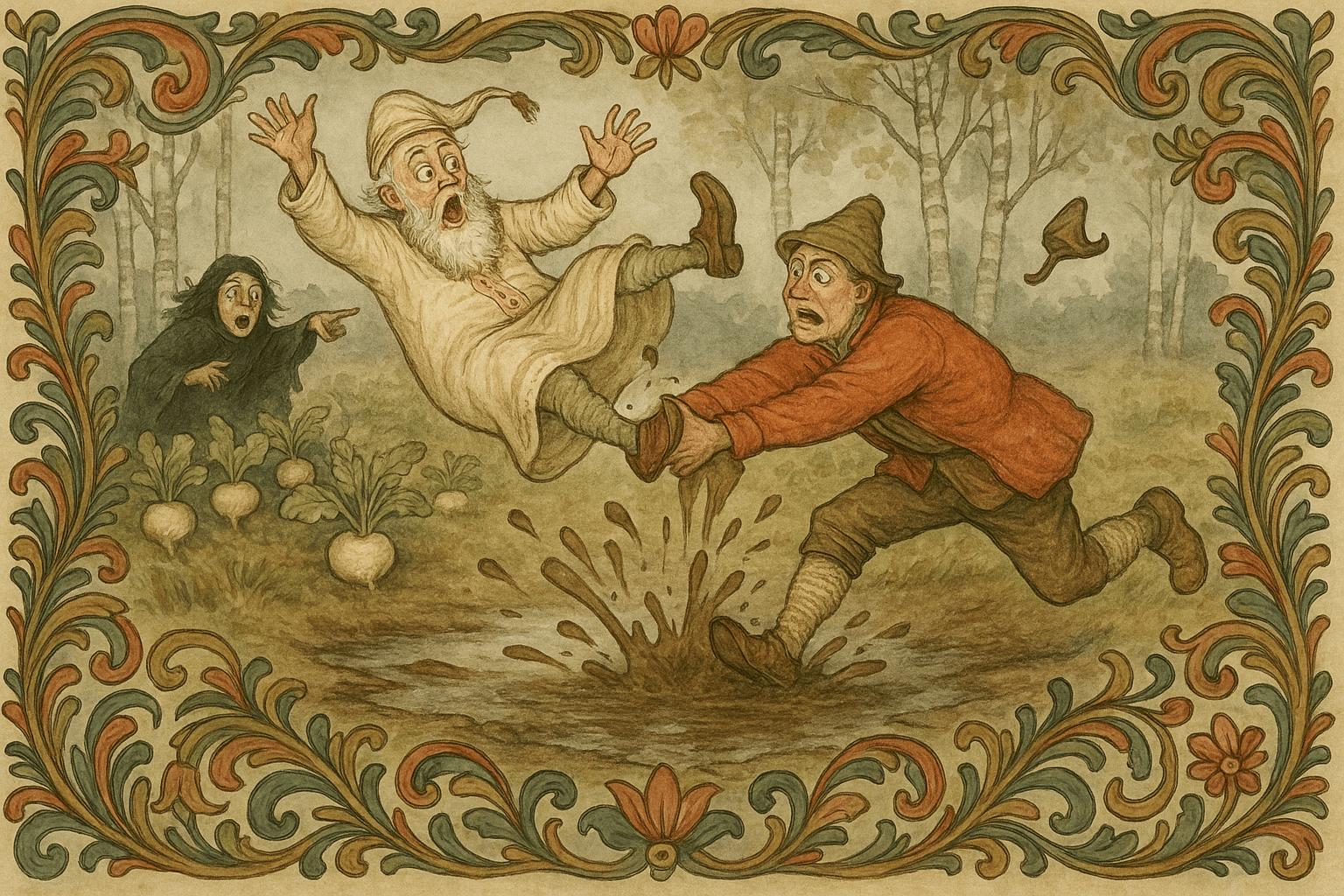 Presten i nattlue og tøfler blir båret over myra når Giske roper, og bonden mister fotfestet så presten faller i bløtmyra.