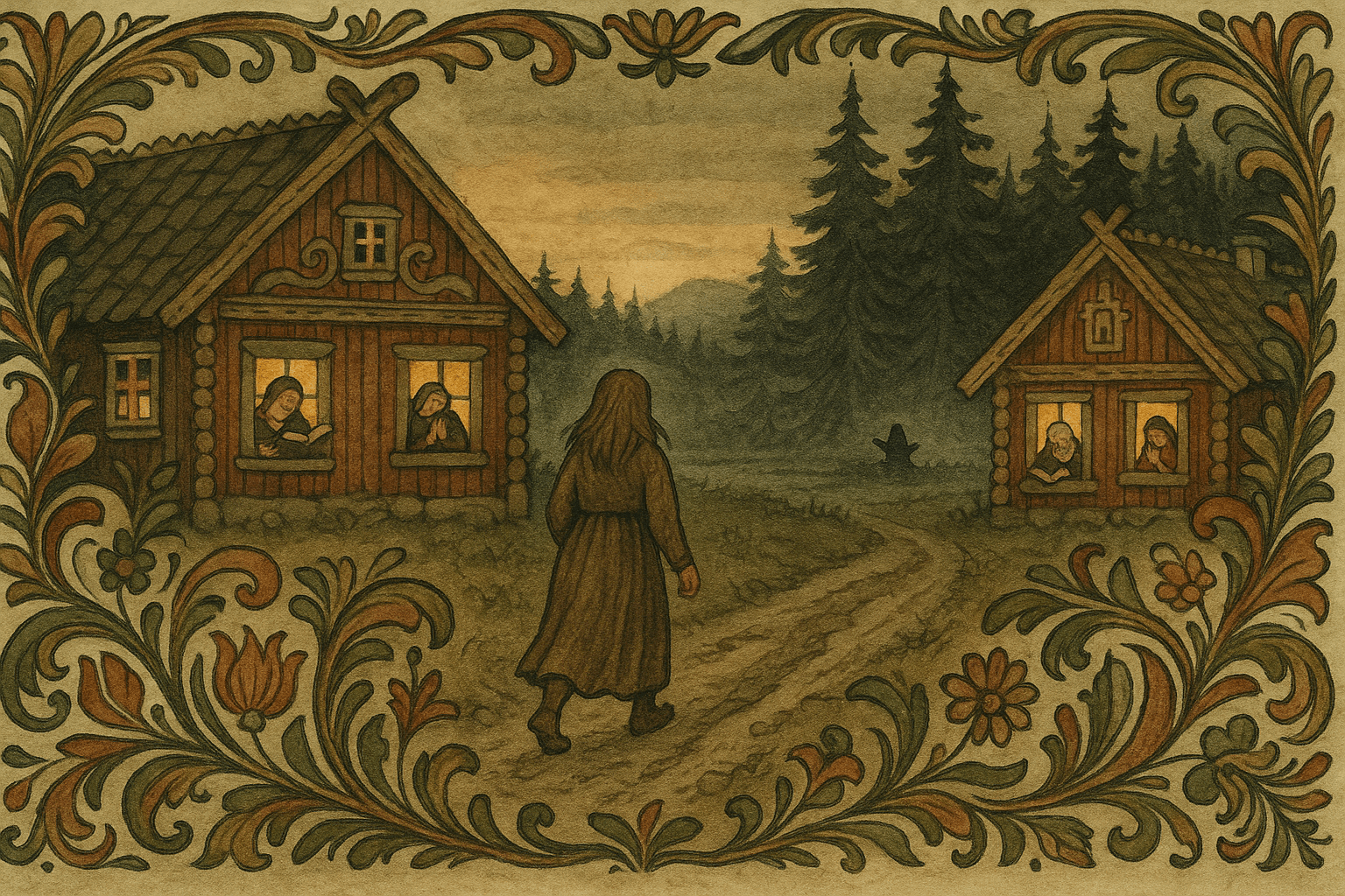 Bygdefolk sitter og leser og ber ved lys i vinduene mens Giske, sotet og alene, går inn i skogen; langt borte skimtes prestens hatt i myra.