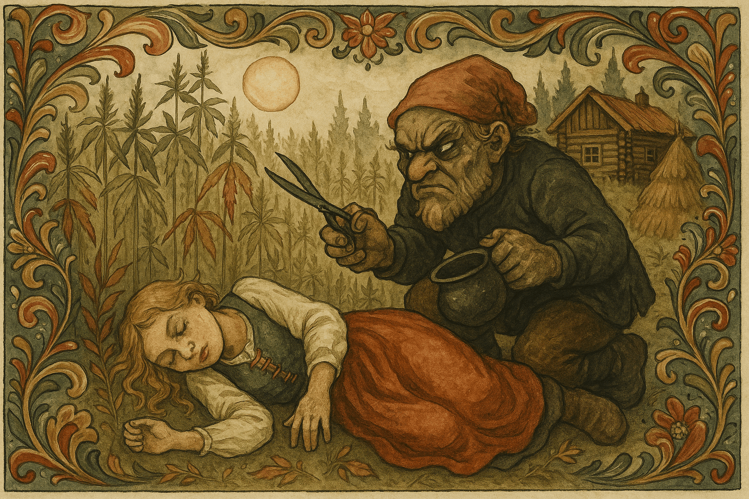 Giske sover i hampåkeren mens husbonden klipper av stakken og smører henne med talg og pipesot, hun er tilslørt og svart i ansiktet.