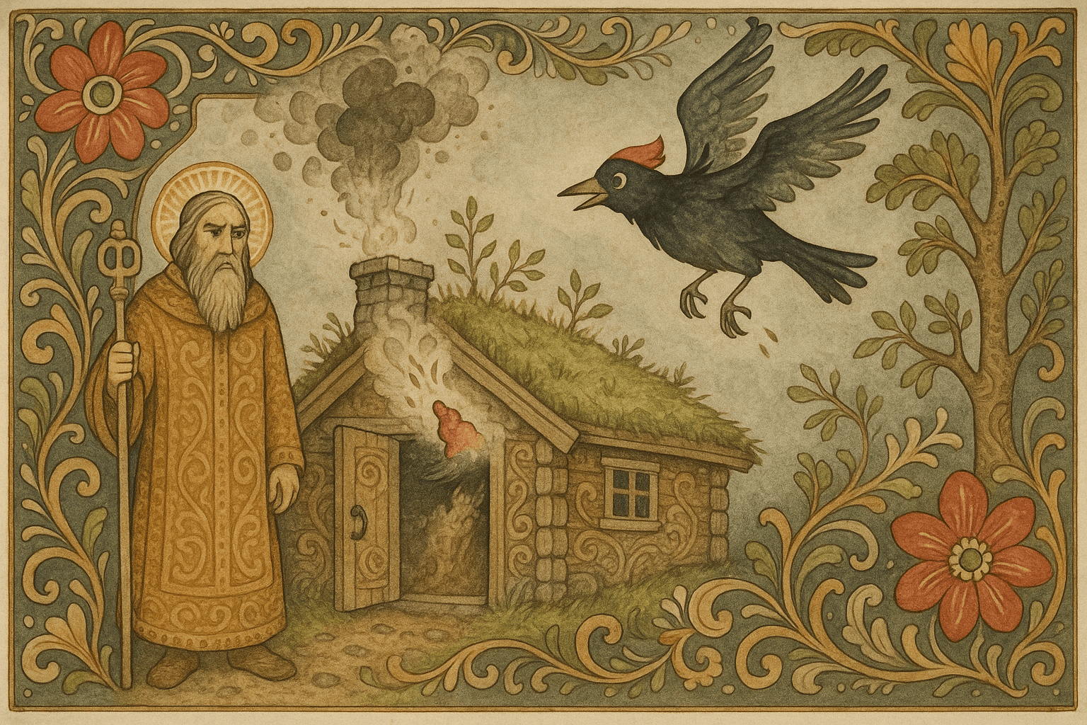 Gjertrud forvandles til en svart fugl med rød lue og stiger opp gjennom pipa, sot på fjærene. St. Peder ser på mens fuglen kretser rundt trærne og hakker i bark, tydelig tørst.