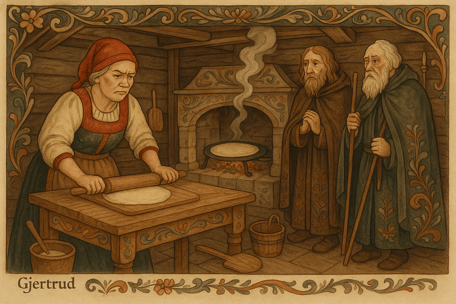 En kvinne med rød lue baker ved åpen ild mens to eldre reisende, Vårherre og St. Peder, ber om en lefse. Hun legger små deigemner på takka som vokser til store lefser og nekter dem.