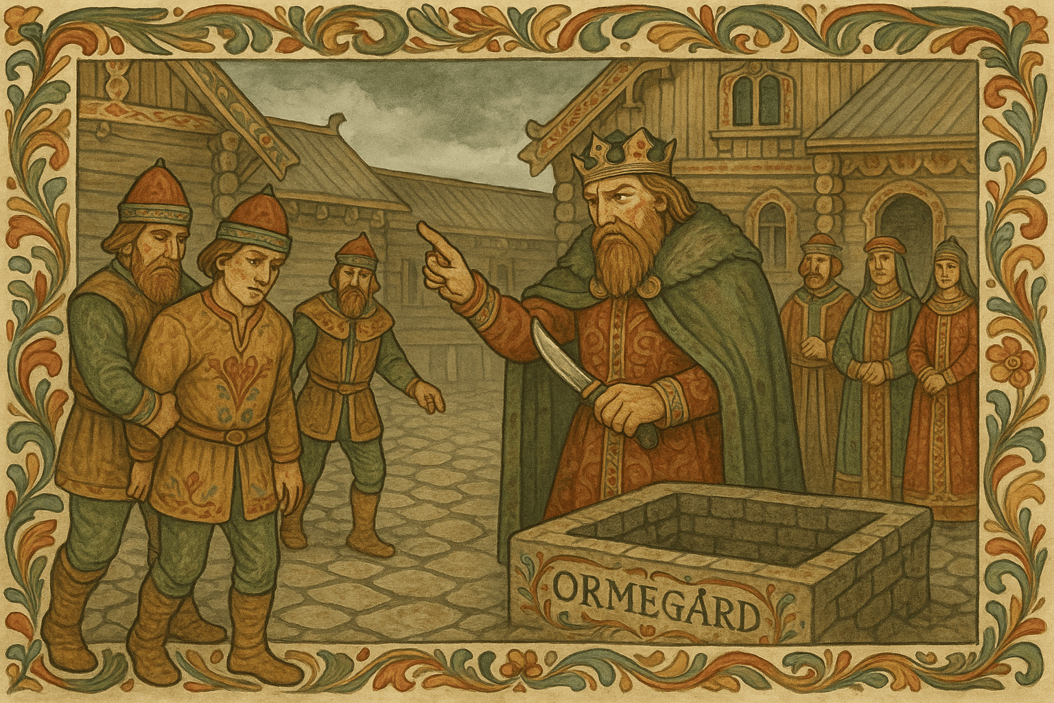 Per er ført fram for kongen som held ein kniv, og vakter fører han mot ormegarden. Tilskodarar ser på frå borggarden.