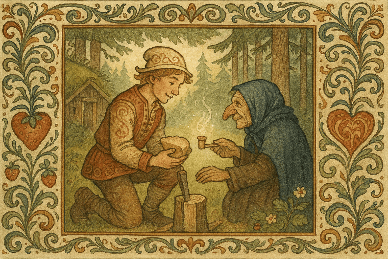 Espen Askeladd hjelper kjerringa fri frå vedklaven, deler mat med henne, og fekk ei lita pipa av henne. Skog og jordbærblomster omkranser scenen.