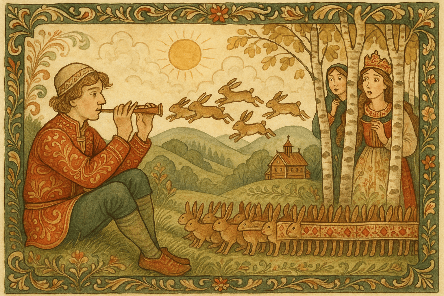 Askeladden blåser i pipa på ei solbakke, og harene springer og samlar seg i rekker. Prinsessen og ei tenestejente ser forskrekka til i kanten av skogen.