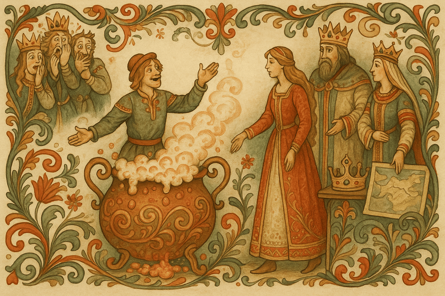 Askeladden står framfor det store bryggekaret og fortel sine løgner medan karet fløymer over. Kongen og dronninga er mållause, og prinsessen går bort til Askeladden.