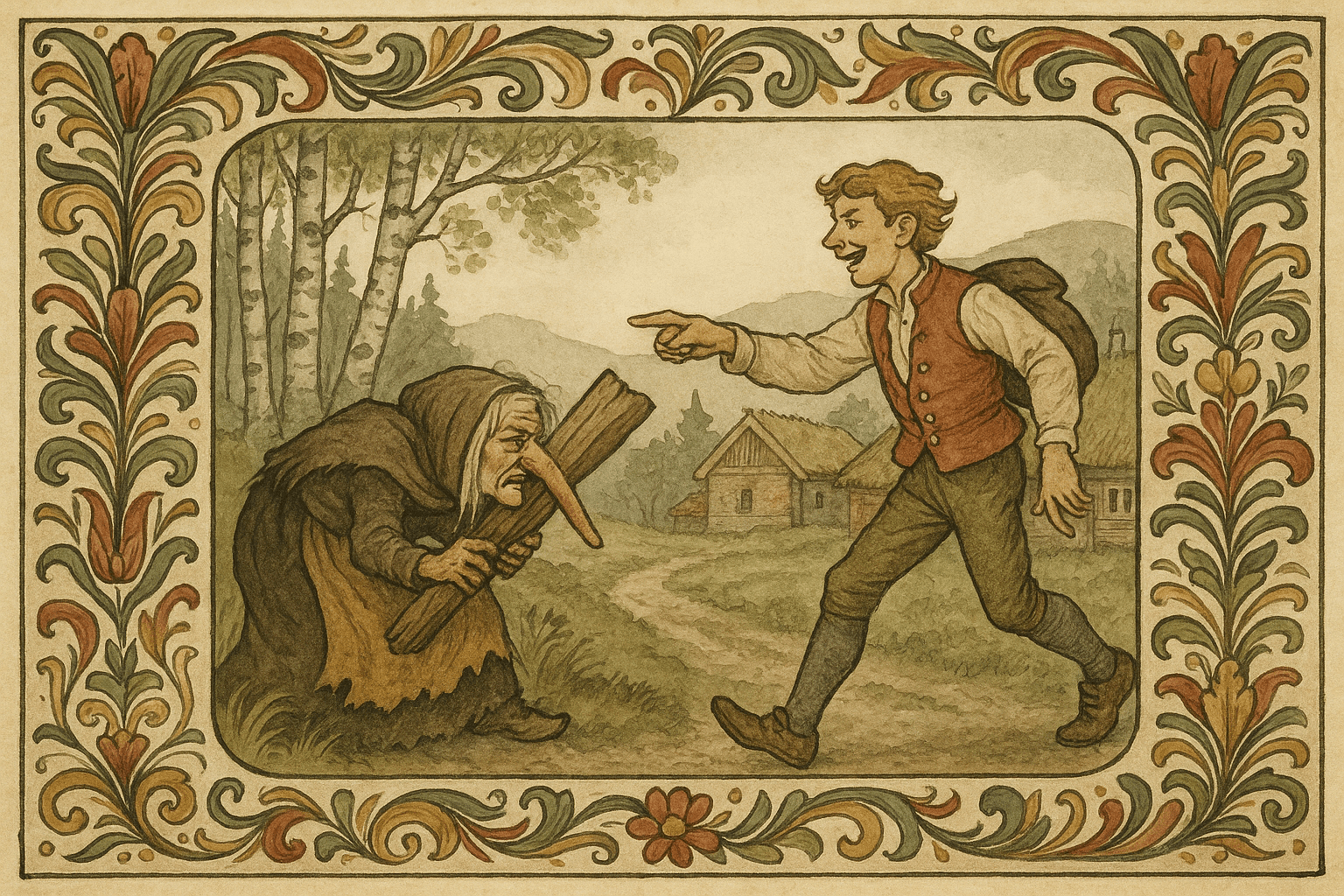 Per ler av ei gammel kjerring som har nesa fast i ei vedklave ved ein grusveg. Gården og furuskog skimtes i bakgrunnen.