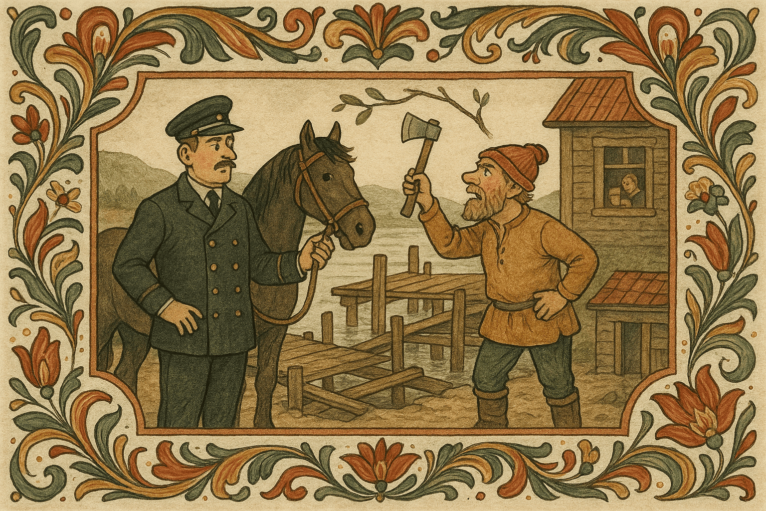 Lensmannen står ved kaia og hilser, mens ferjemannen svarer og peker på et økseskaft og en kvist. Gjestgiveriet og en hest vises i bakgrunnen.