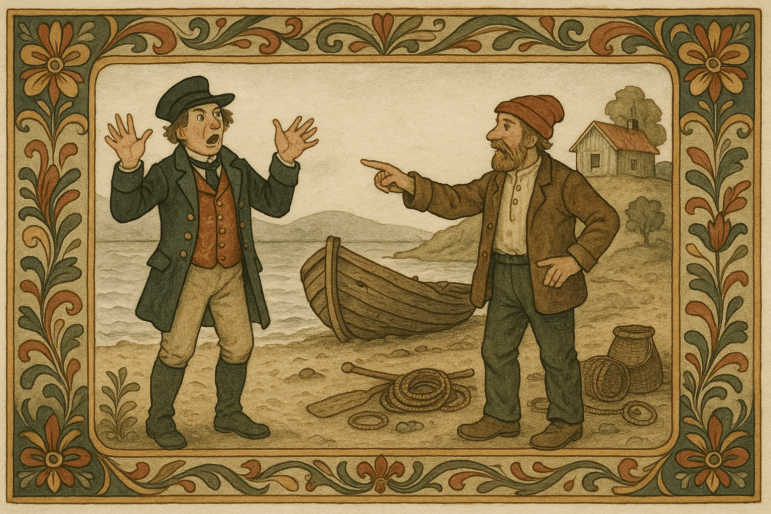 Lensmannen roper oppgitt mens ferjemannen peker mot en sprukken ferje på stranda og opp bakken. Stranden og gårdsplassen viser et enkelt kystmiljø.