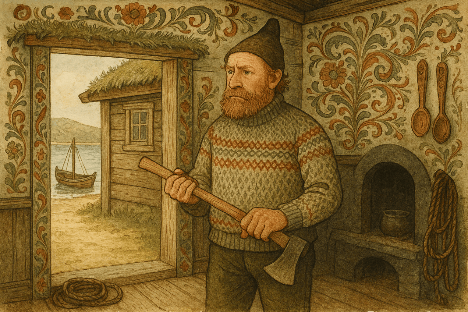 En tunghørt ferjemann øver seg inne i ei kyststue med et økseskaft i hånda, mens ferja ligger utenfor på stranda. Huset viser norske detaljer som torvtak og treskei på veggen.