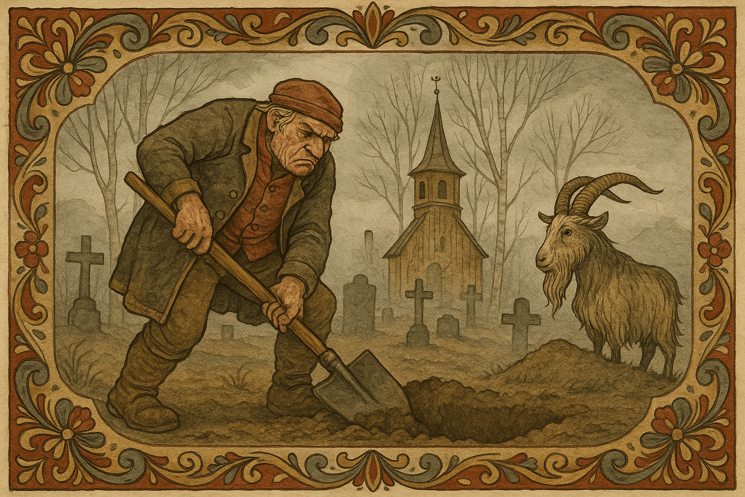 Per graver står og graver i en ny grav mens klokkernes store geitebukk beiter på en tue ved siden av. Kirkespiret og nakne bjørker danner en kald, våt bakgrunn.