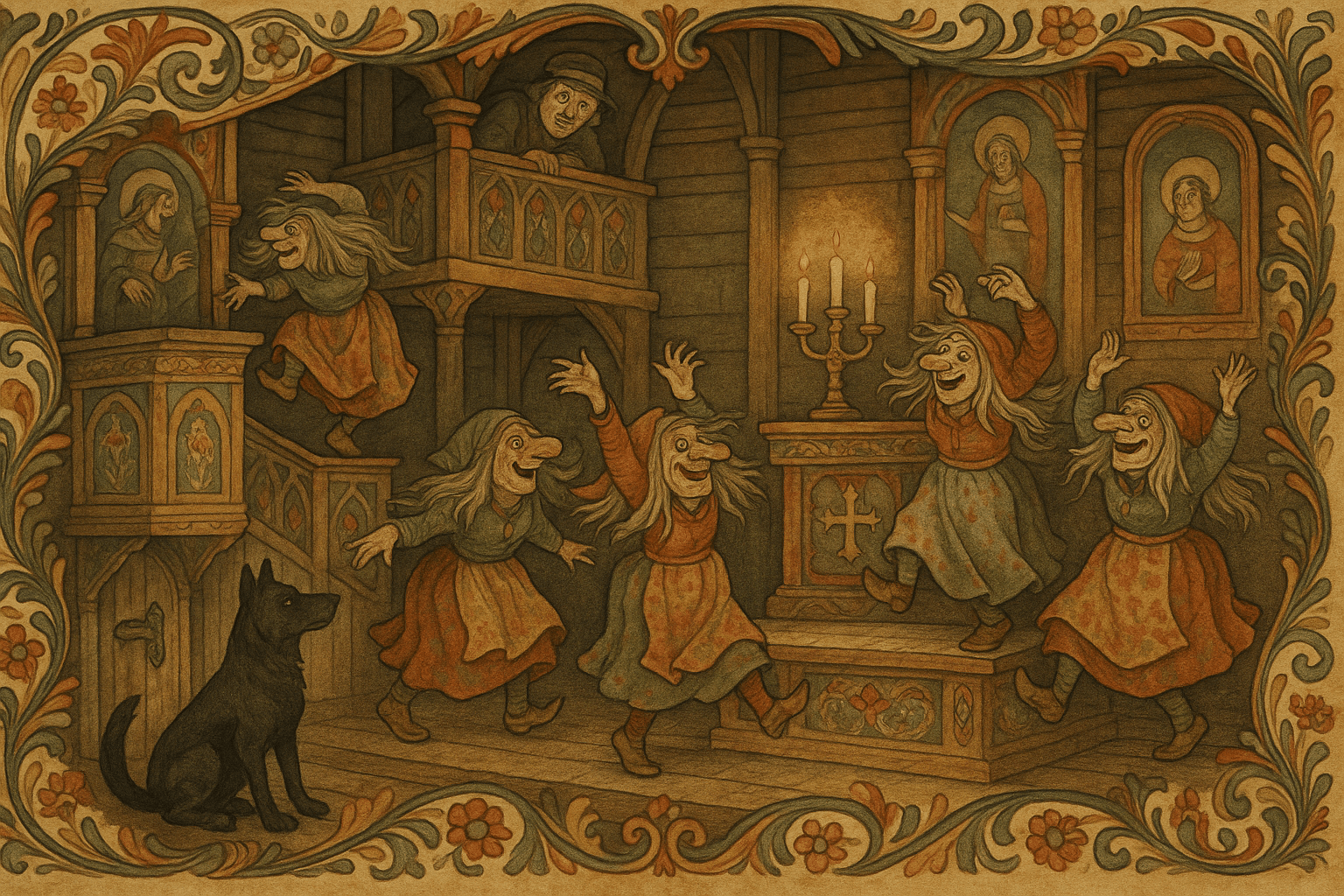 Trollkjerringer danser og herjer på prekestol og alter i en mørk trekirke, mens en stor svart hund klorer på den låste døra. En mann sitter skjult i galleriet og ser på.