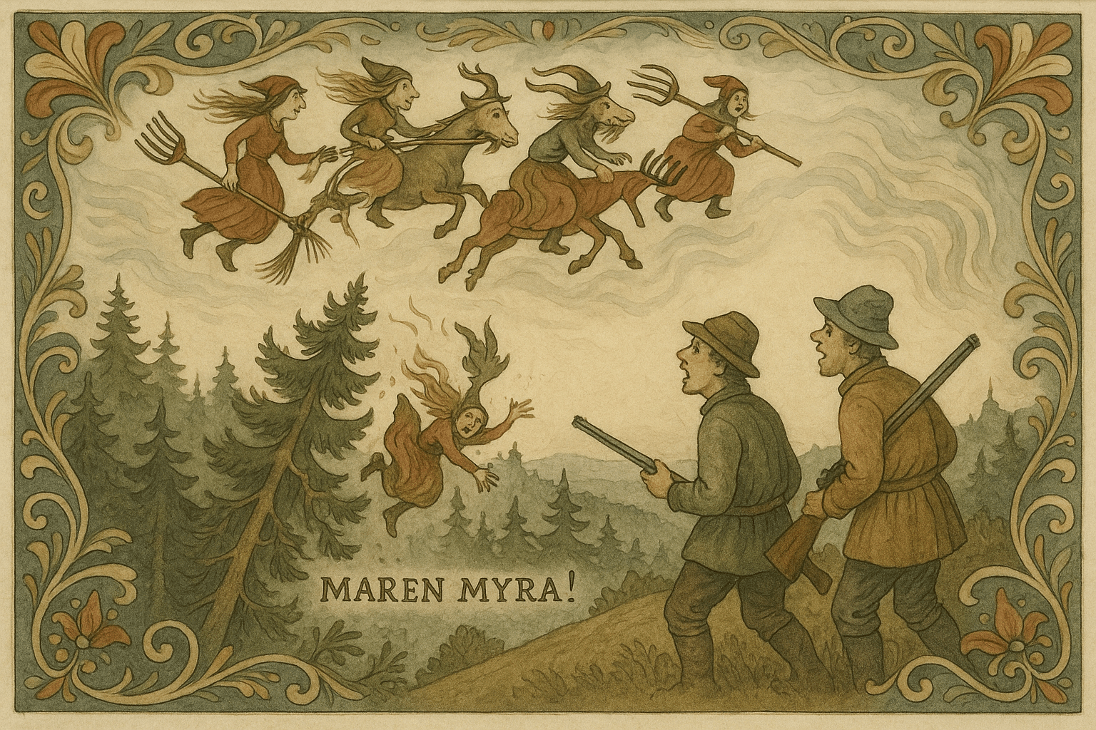 En flokk trollkjerringer rir over skogstoppene på limer, skuffer og bukker, mens skyttere på en tue ser på. En av dem roper 