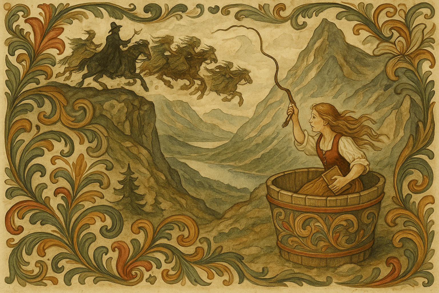 Ei tjenestejente sitter i et bryggekaret og jagar etter en flokk trollkjerringer over et seterfjell, med Gamle-Erik som taler. Hun slår med pisk og holder et lite bokbind tett inntil seg.