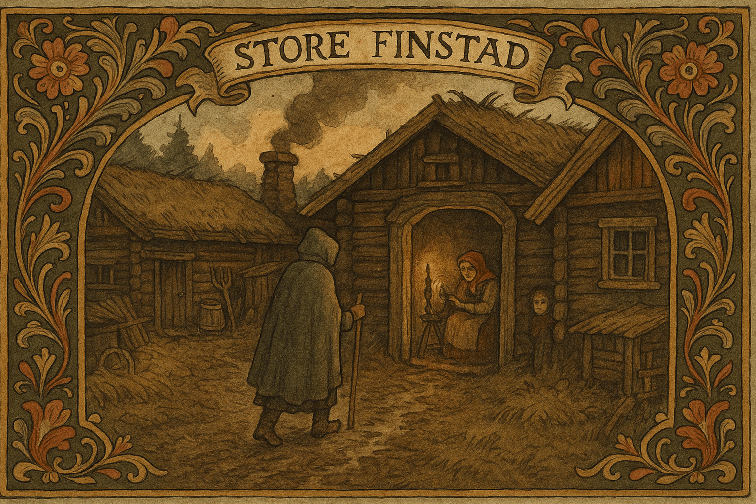 Forfatteren står utenfor et rotete tun ved Store Finstad, og gjennom døra ser man ei gammel kjerring som spinner mens et barn titter fram. Stemningen er dunkel og folkelig med røyk og halm.