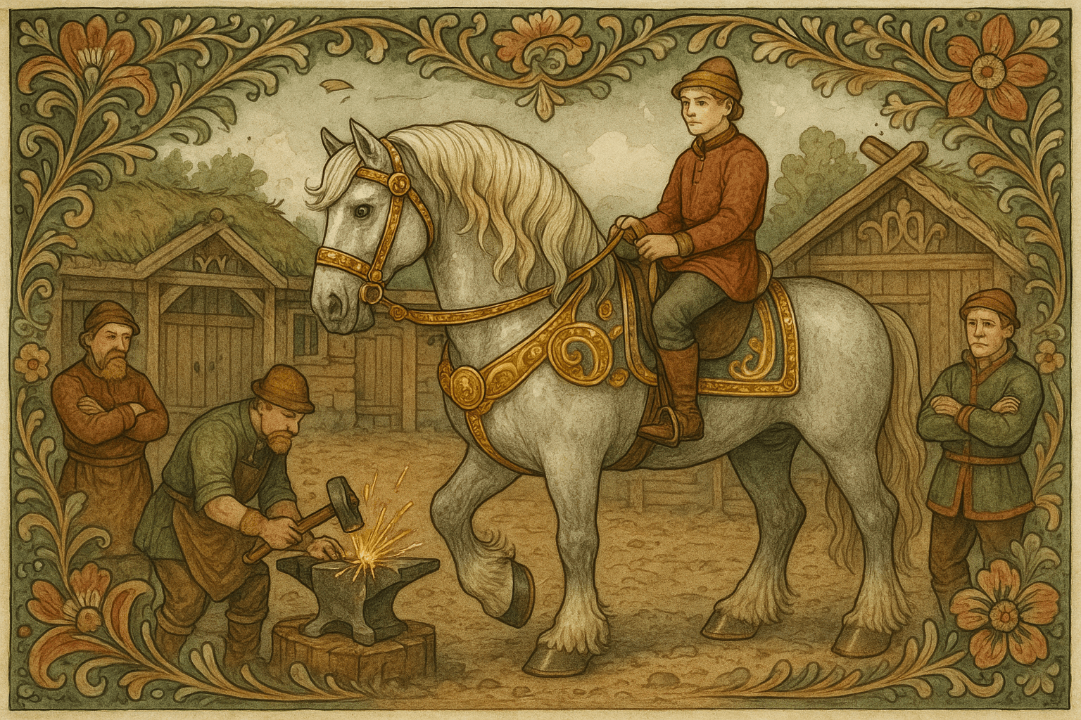 Grimsborken, en stor blank hest, blir skodd og utstyrt med gullsæl og gullbiksel mens smeder hamrer og brødre ser misunnelig på.