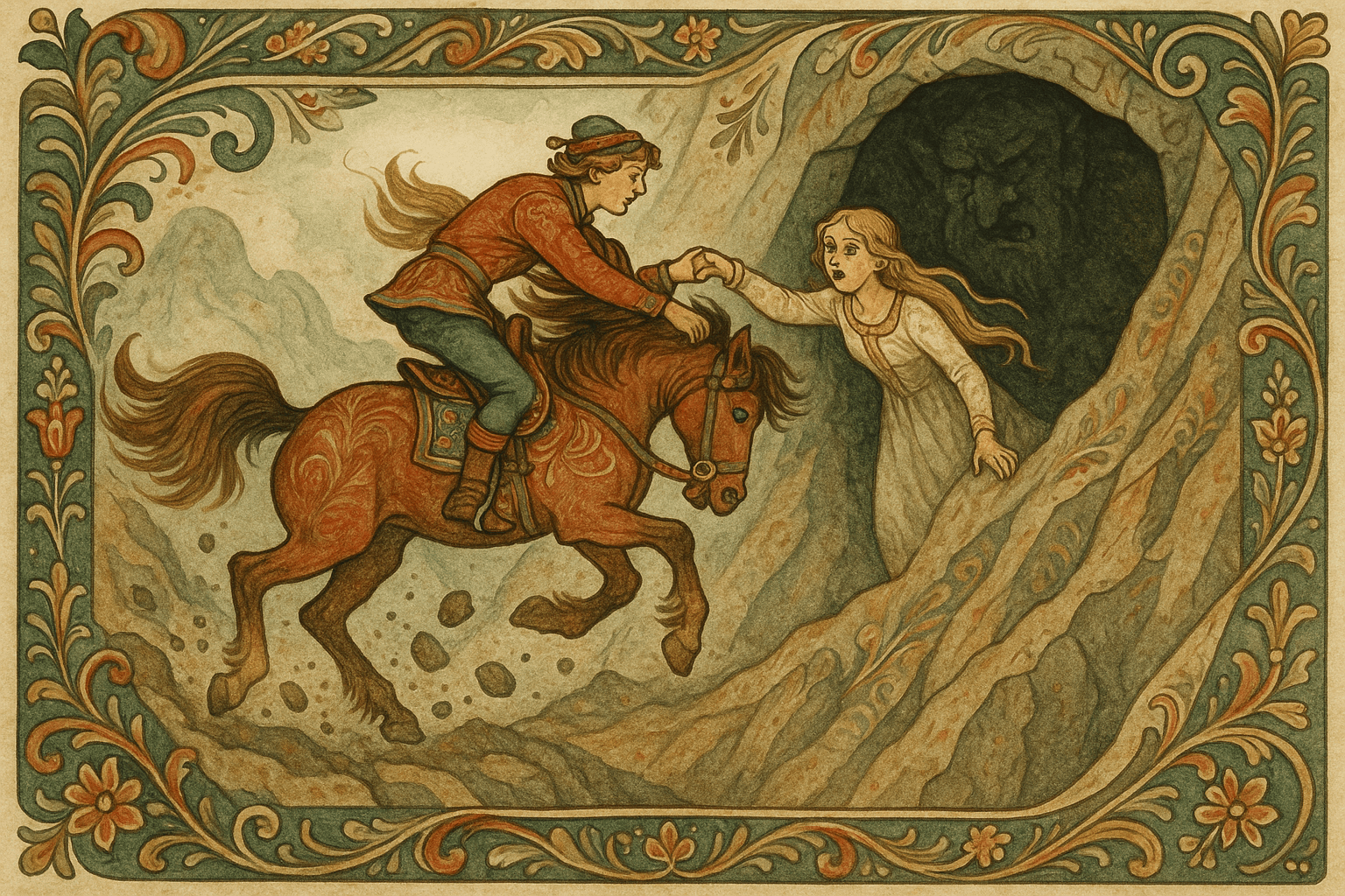 Grimsborken klatrer opp den glatte bergveggen, gutten griper kongsdatteren ved sâlknappen mens trollet rører på seg i hulen.