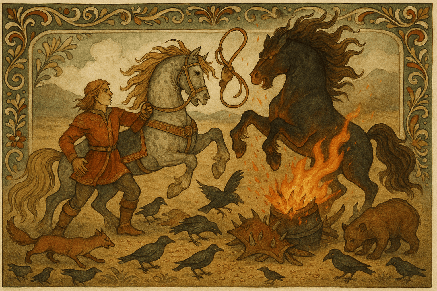 Etter å ha lokket bort fugler og ville dyr, kjemper Grimsborken mot en lik borket hest ved en tjæretønne mens spikerhuder ligger over marka.